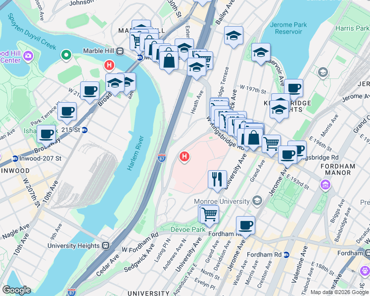 map of restaurants, bars, coffee shops, grocery stores, and more near 2630 Heath Avenue in Bronx