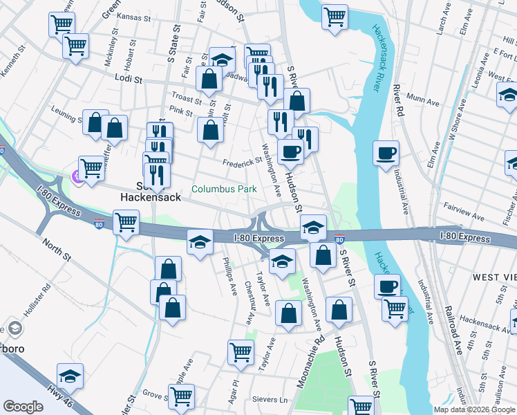 map of restaurants, bars, coffee shops, grocery stores, and more near 54 Blauvelt Place in Hackensack