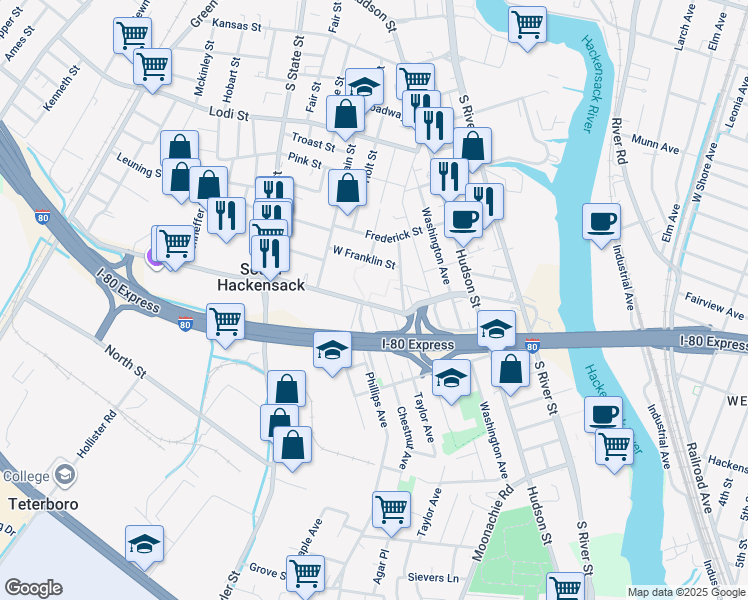 map of restaurants, bars, coffee shops, grocery stores, and more near 100 Kennedy Street in Hackensack