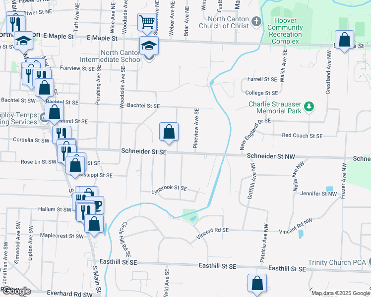 map of restaurants, bars, coffee shops, grocery stores, and more near 1015 Schneider Street Southeast in North Canton