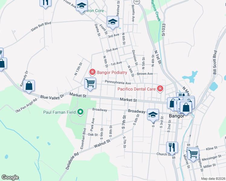 map of restaurants, bars, coffee shops, grocery stores, and more near 822 Pennsylvania Avenue in Bangor