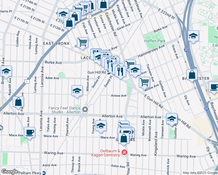 map of restaurants, bars, coffee shops, grocery stores, and more near 2937 Dewitt Place in The Bronx