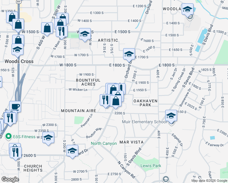 map of restaurants, bars, coffee shops, grocery stores, and more near 2026 Orchard Drive in Bountiful