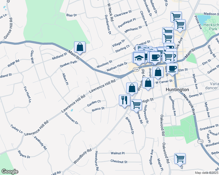 map of restaurants, bars, coffee shops, grocery stores, and more near 19 Lawrence Hill Road in Huntington