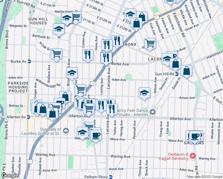 map of restaurants, bars, coffee shops, grocery stores, and more near 2954 Laconia Avenue in Bronx