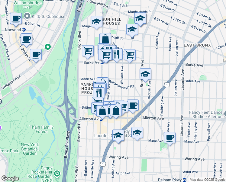 map of restaurants, bars, coffee shops, grocery stores, and more near 2928 Cruger Avenue in Bronx