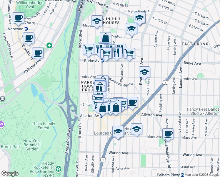 map of restaurants, bars, coffee shops, grocery stores, and more near 2928 Cruger Avenue in Bronx