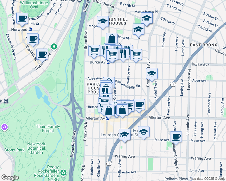 map of restaurants, bars, coffee shops, grocery stores, and more near 2928 Cruger Avenue in Bronx