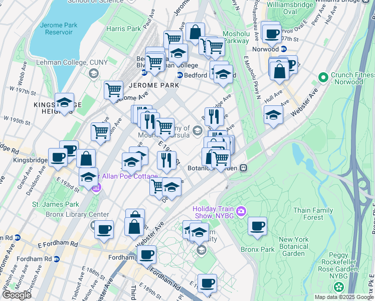 map of restaurants, bars, coffee shops, grocery stores, and more near 2869 Mount Saint Ursula Place in Bronx