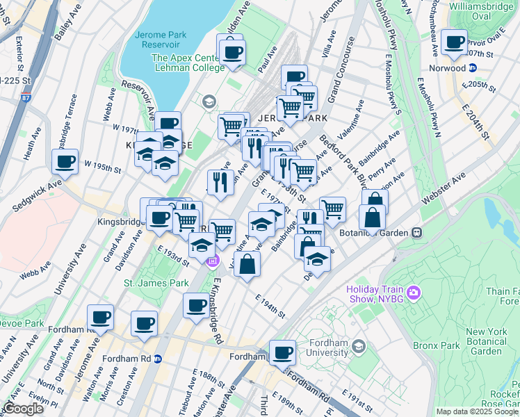 map of restaurants, bars, coffee shops, grocery stores, and more near 2800 Grand Concourse in Bronx