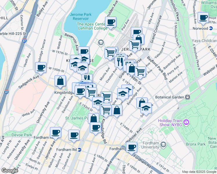 map of restaurants, bars, coffee shops, grocery stores, and more near 2781 Grand Concourse in The Bronx