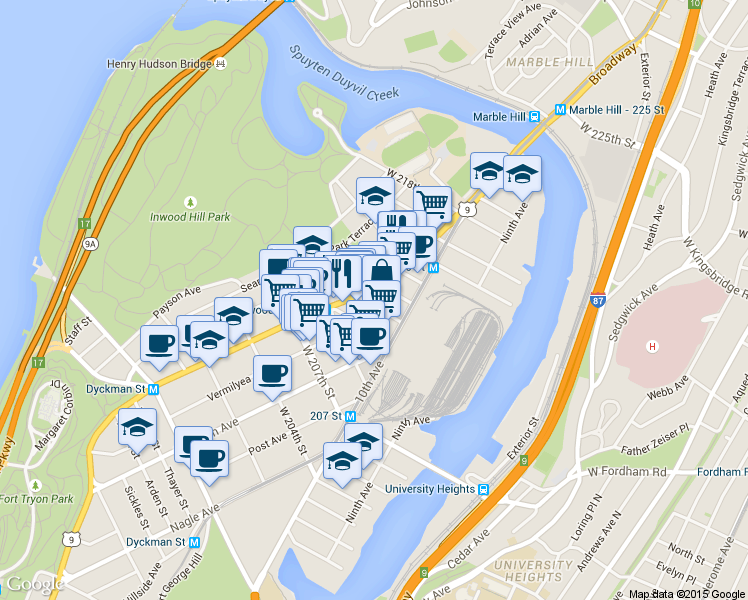 map of restaurants, bars, coffee shops, grocery stores, and more near 979-8577 West 212th Street in New York