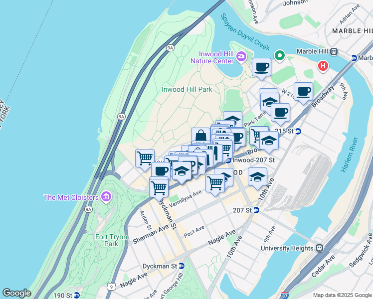 map of restaurants, bars, coffee shops, grocery stores, and more near 151 Payson Avenue in New York