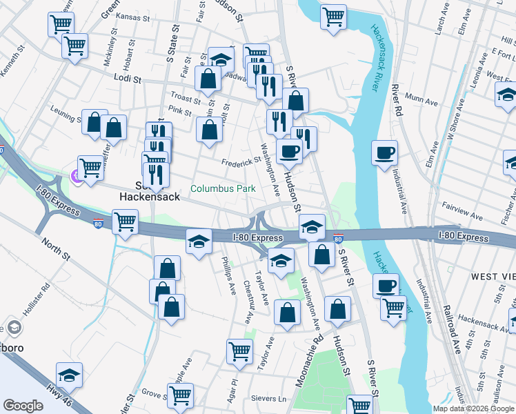 map of restaurants, bars, coffee shops, grocery stores, and more near 54 Blauvelt Place in Hackensack