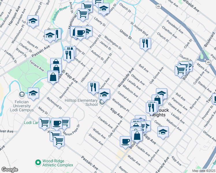 map of restaurants, bars, coffee shops, grocery stores, and more near 135 Central Avenue in Lodi