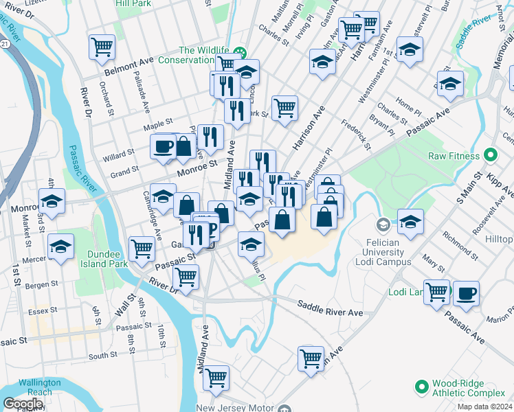 map of restaurants, bars, coffee shops, grocery stores, and more near 49 Harrison Avenue in Garfield