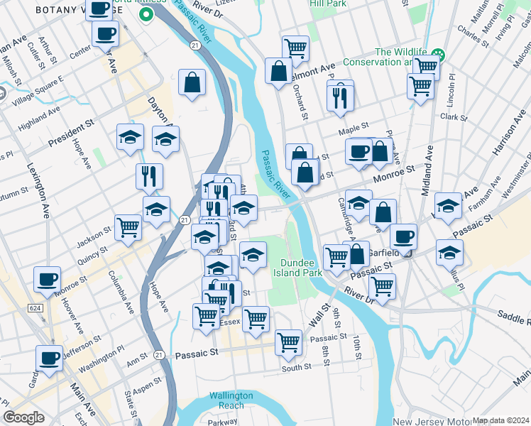 map of restaurants, bars, coffee shops, grocery stores, and more near 2 Monroe Street in Passaic