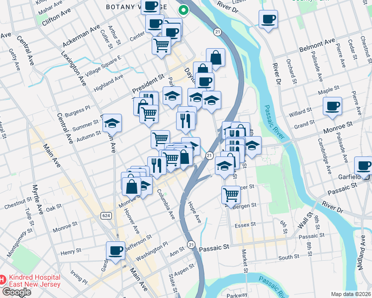 map of restaurants, bars, coffee shops, grocery stores, and more near 49 Parker Avenue in Passaic