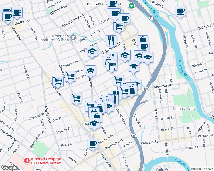 map of restaurants, bars, coffee shops, grocery stores, and more near 86 Sherman Street in Passaic