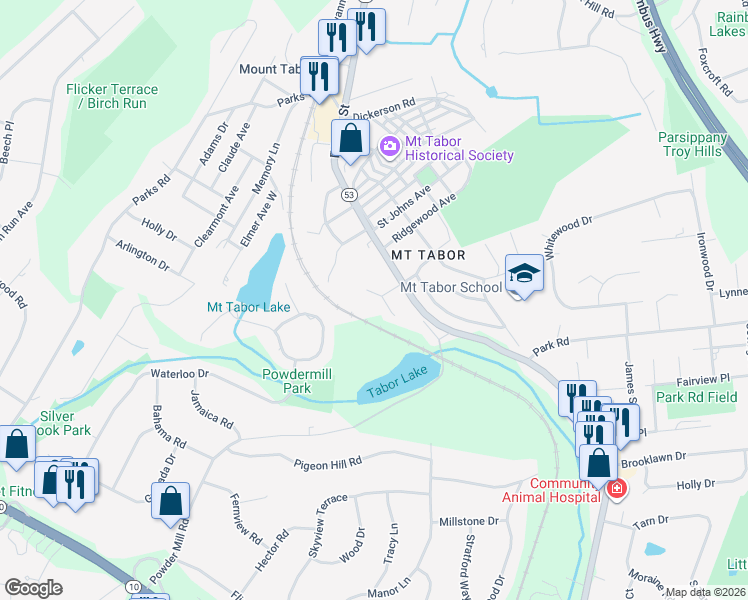 map of restaurants, bars, coffee shops, grocery stores, and more near 5 Jaime Court in Morris Plains