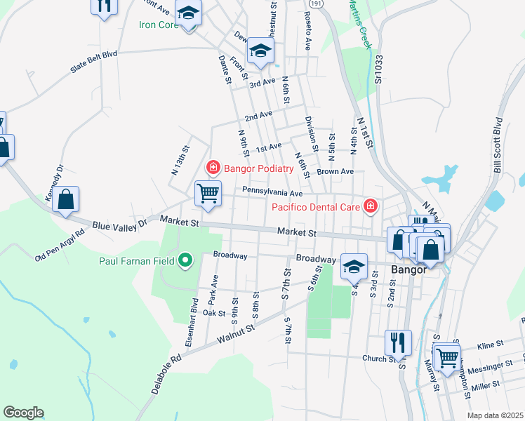 map of restaurants, bars, coffee shops, grocery stores, and more near 54 North 8th Street in Bangor