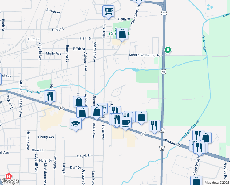 map of restaurants, bars, coffee shops, grocery stores, and more near 1174 Village Lane in Ashland