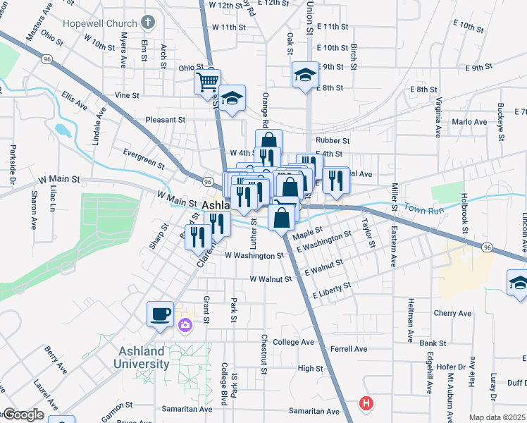 map of restaurants, bars, coffee shops, grocery stores, and more near 46 East Main Street in Ashland