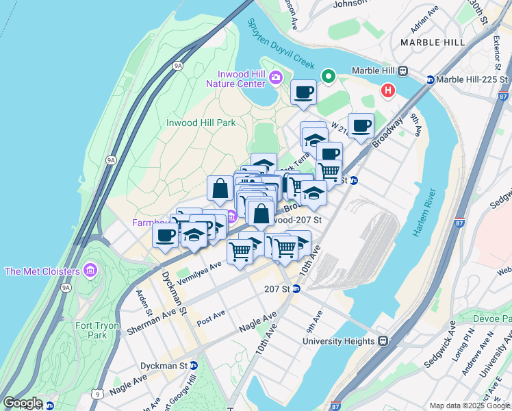 map of restaurants, bars, coffee shops, grocery stores, and more near 631 West 207th Street in New York