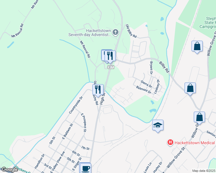 map of restaurants, bars, coffee shops, grocery stores, and more near 237 Tow Path Drive in Hackettstown