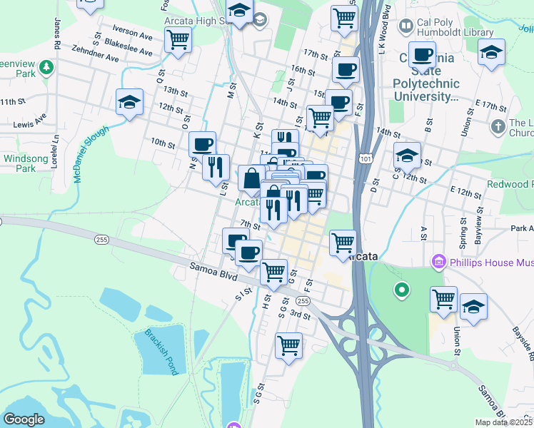 map of restaurants, bars, coffee shops, grocery stores, and more near 789 I Street in Arcata