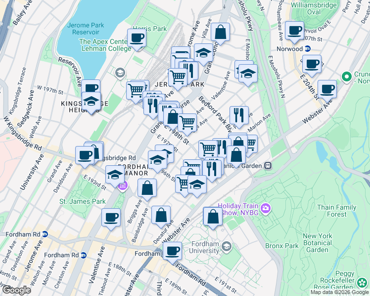map of restaurants, bars, coffee shops, grocery stores, and more near 2835 Bainbridge Avenue in Bronx