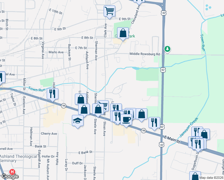 map of restaurants, bars, coffee shops, grocery stores, and more near 1174 Village Lane in Ashland