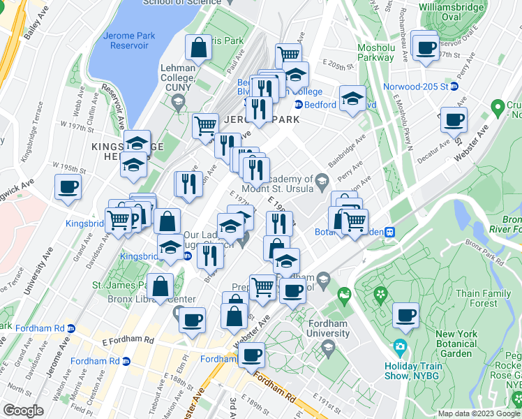 map of restaurants, bars, coffee shops, grocery stores, and more near 2834 Valentine Avenue in Bronx