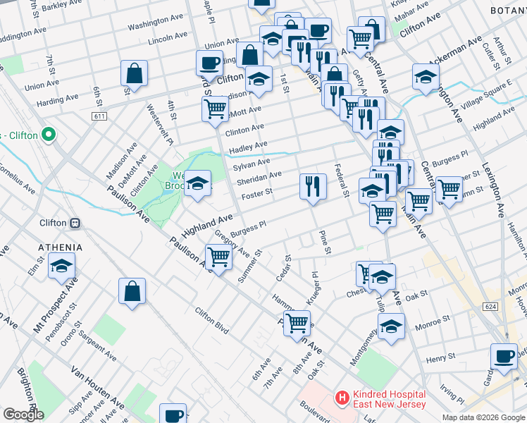 map of restaurants, bars, coffee shops, grocery stores, and more near 367 Highland Avenue in Clifton