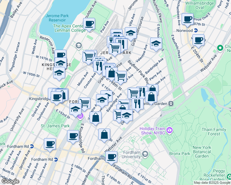 map of restaurants, bars, coffee shops, grocery stores, and more near 2834 Valentine Avenue in Bronx