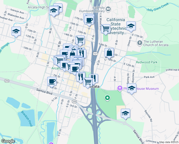 map of restaurants, bars, coffee shops, grocery stores, and more near 501 9th St in Arcata