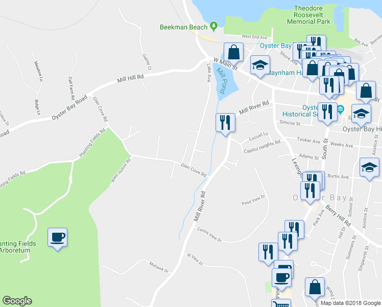 map of restaurants, bars, coffee shops, grocery stores, and more near 51 Lake Avenue in Mill Neck