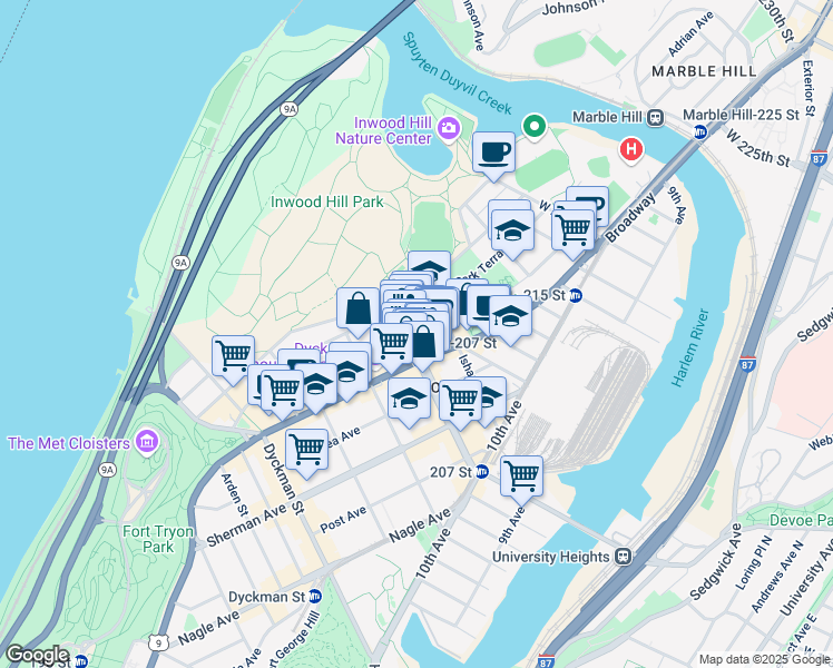 map of restaurants, bars, coffee shops, grocery stores, and more near 633 West 207th Street in New York
