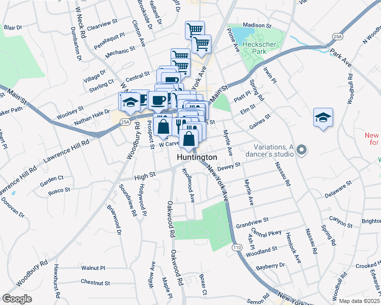 map of restaurants, bars, coffee shops, grocery stores, and more near 8 West Carver Street in Huntington