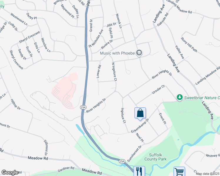 map of restaurants, bars, coffee shops, grocery stores, and more near 8 Overhill Drive in Smithtown