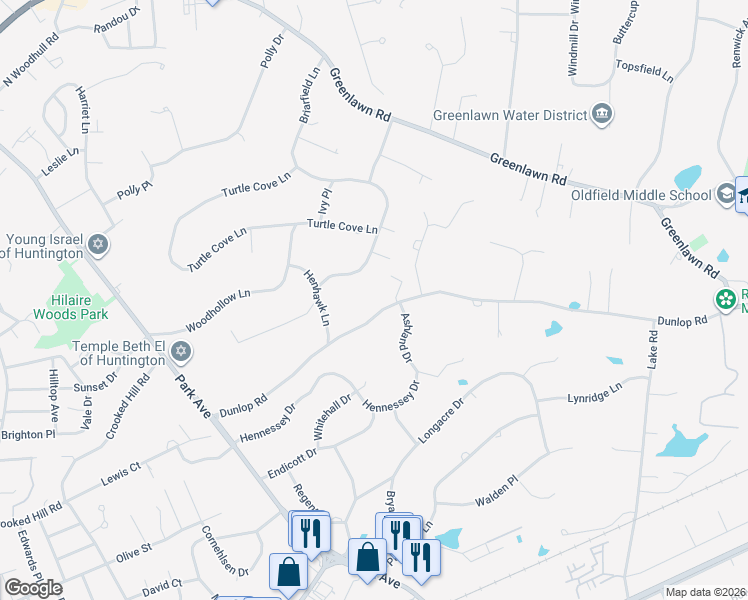 map of restaurants, bars, coffee shops, grocery stores, and more near 9 Briarfield Lane in Huntington