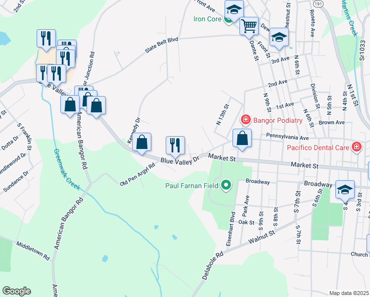 map of restaurants, bars, coffee shops, grocery stores, and more near 21 Kennedy Avenue in Bangor