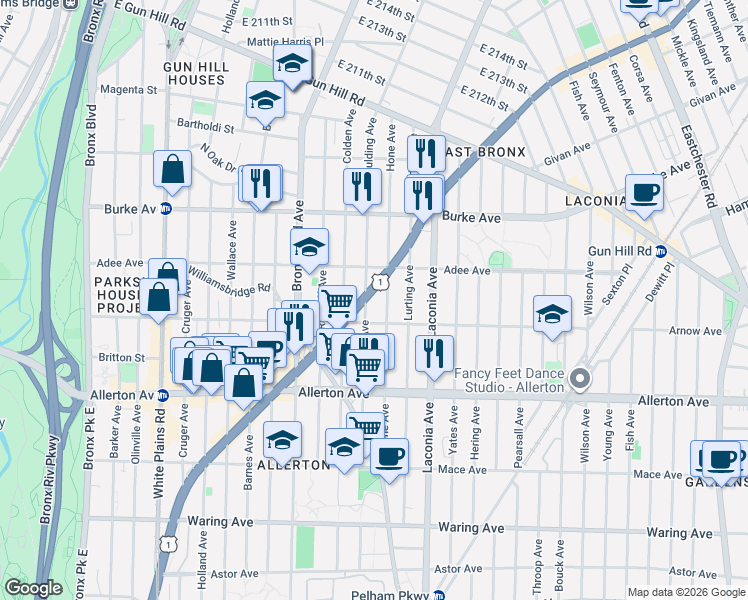 map of restaurants, bars, coffee shops, grocery stores, and more near 2945 Boston Road in Bronx