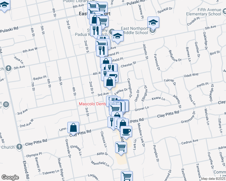 map of restaurants, bars, coffee shops, grocery stores, and more near 4 Allerton Avenue in East Northport