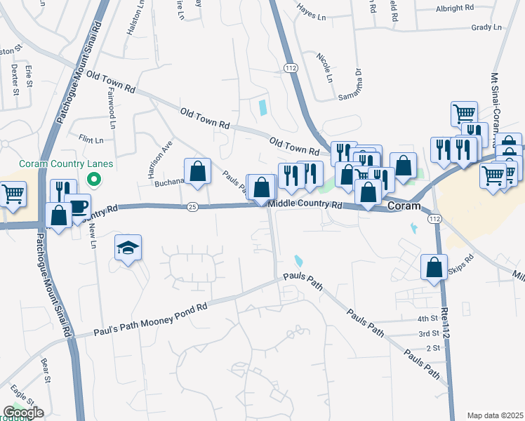 map of restaurants, bars, coffee shops, grocery stores, and more near 516 Middle Country Road in Coram