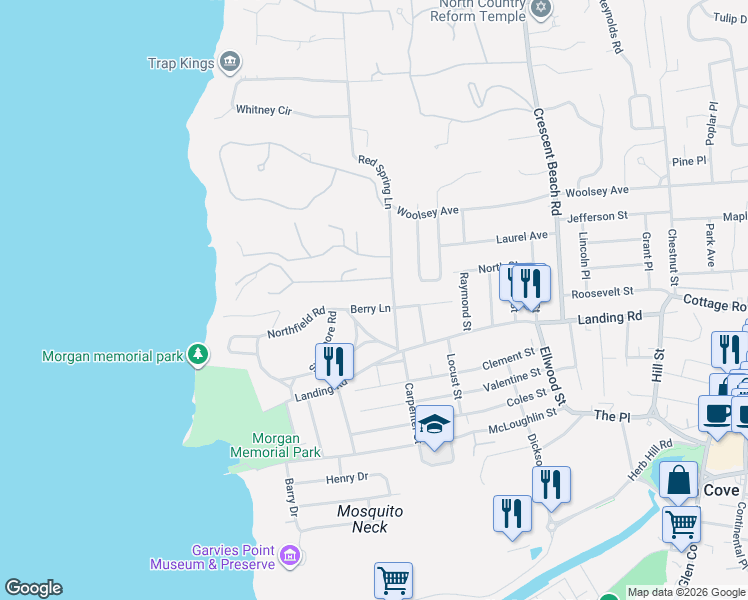 map of restaurants, bars, coffee shops, grocery stores, and more near 8 Berry Lane in Glen Cove