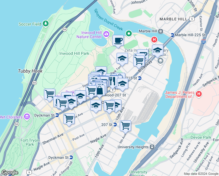 map of restaurants, bars, coffee shops, grocery stores, and more near 579 Isham Street in New York