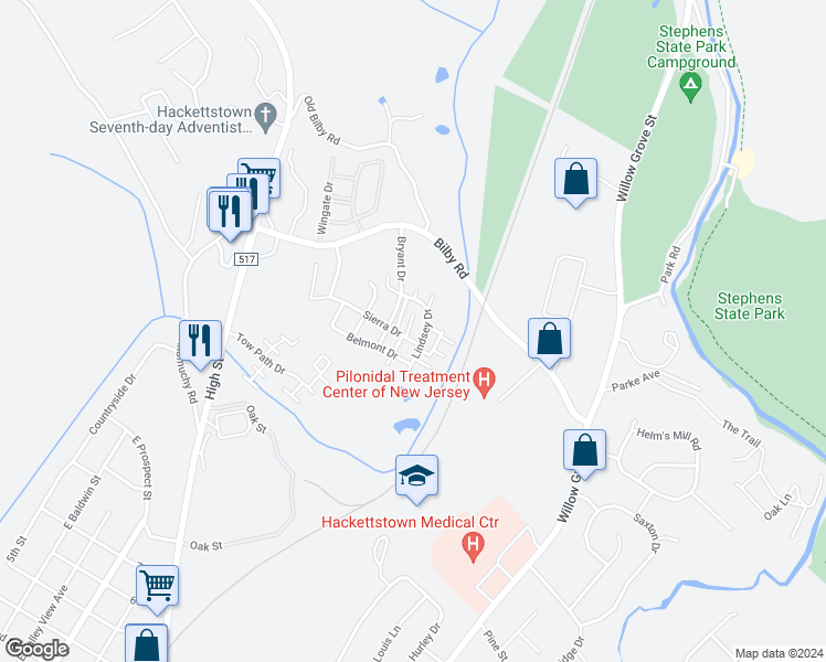 map of restaurants, bars, coffee shops, grocery stores, and more near 204 Hudson Court in Hackettstown