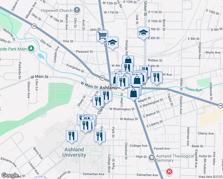 map of restaurants, bars, coffee shops, grocery stores, and more near in Ashland