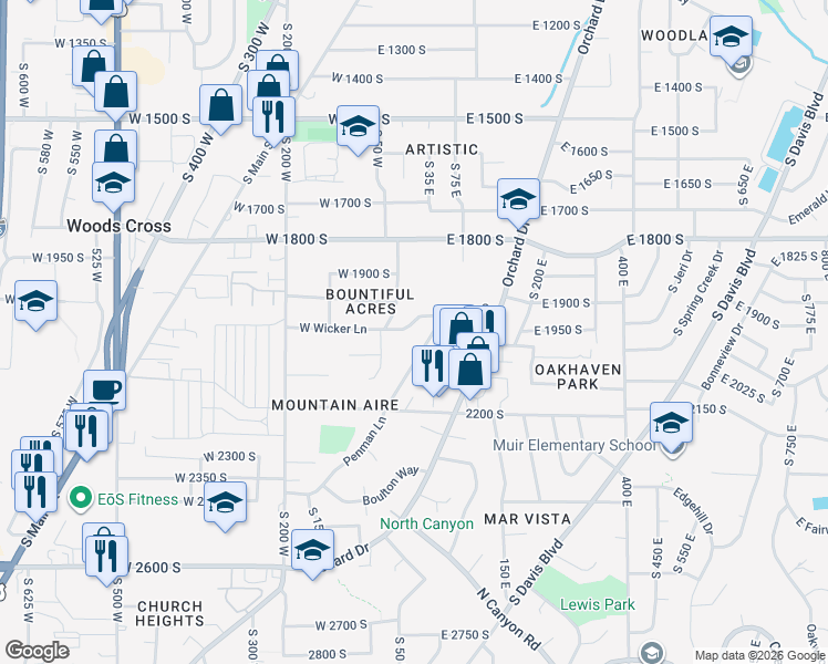 map of restaurants, bars, coffee shops, grocery stores, and more near 15 East Wicker Lane in Bountiful